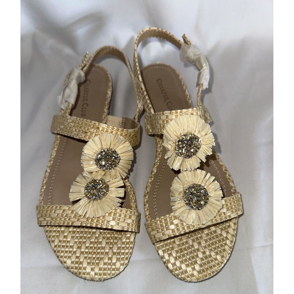 New‎ Charter Club Sandals Women's Size 6M Zoeyy Tan flower bling sparkle